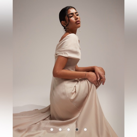 ASOS design bridesmaid satin off the shoulder drape wrap maxi dress in oyster - Picture 8 of 8